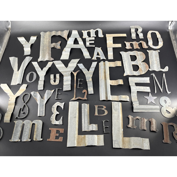 Huge Lot 40 Tin Aluminum Metal Letters Symbols Assortment Craft Rustic Brutalist